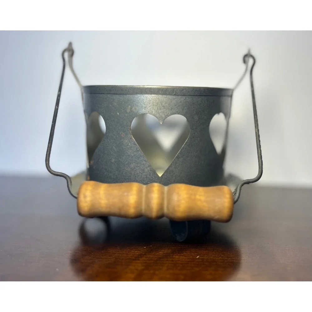 Vintage Galvanized Metal Heart Cutout Candle Holder Rustic Primitive Wood Handle